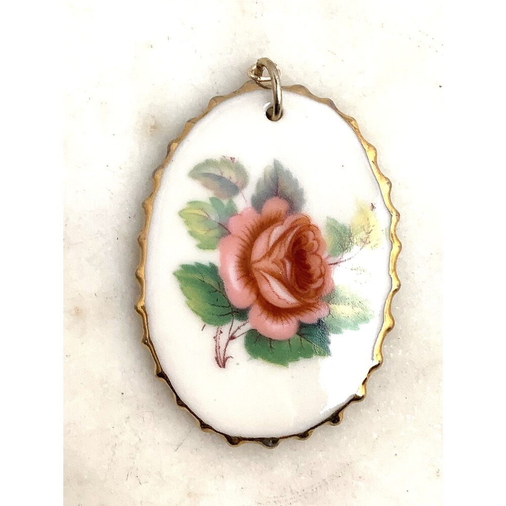 Vintage Porcelain Pendant Pink Rose Gold Ceramic Romantic Large 2" Long